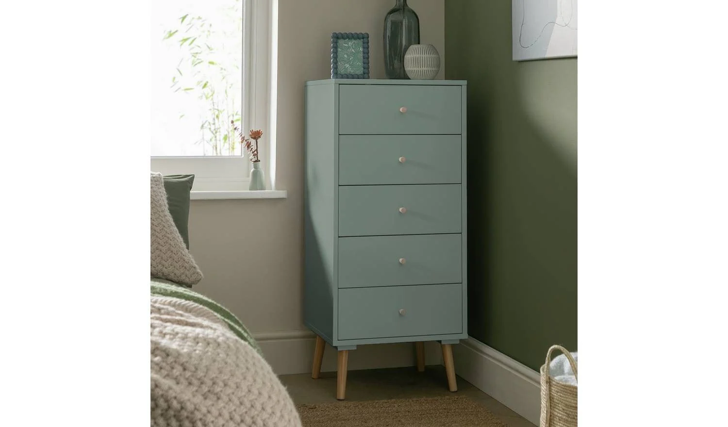 Otto 5 Drawer Tallboy Sage Green Storage Organiser Bedroom Furniture - Image 2
