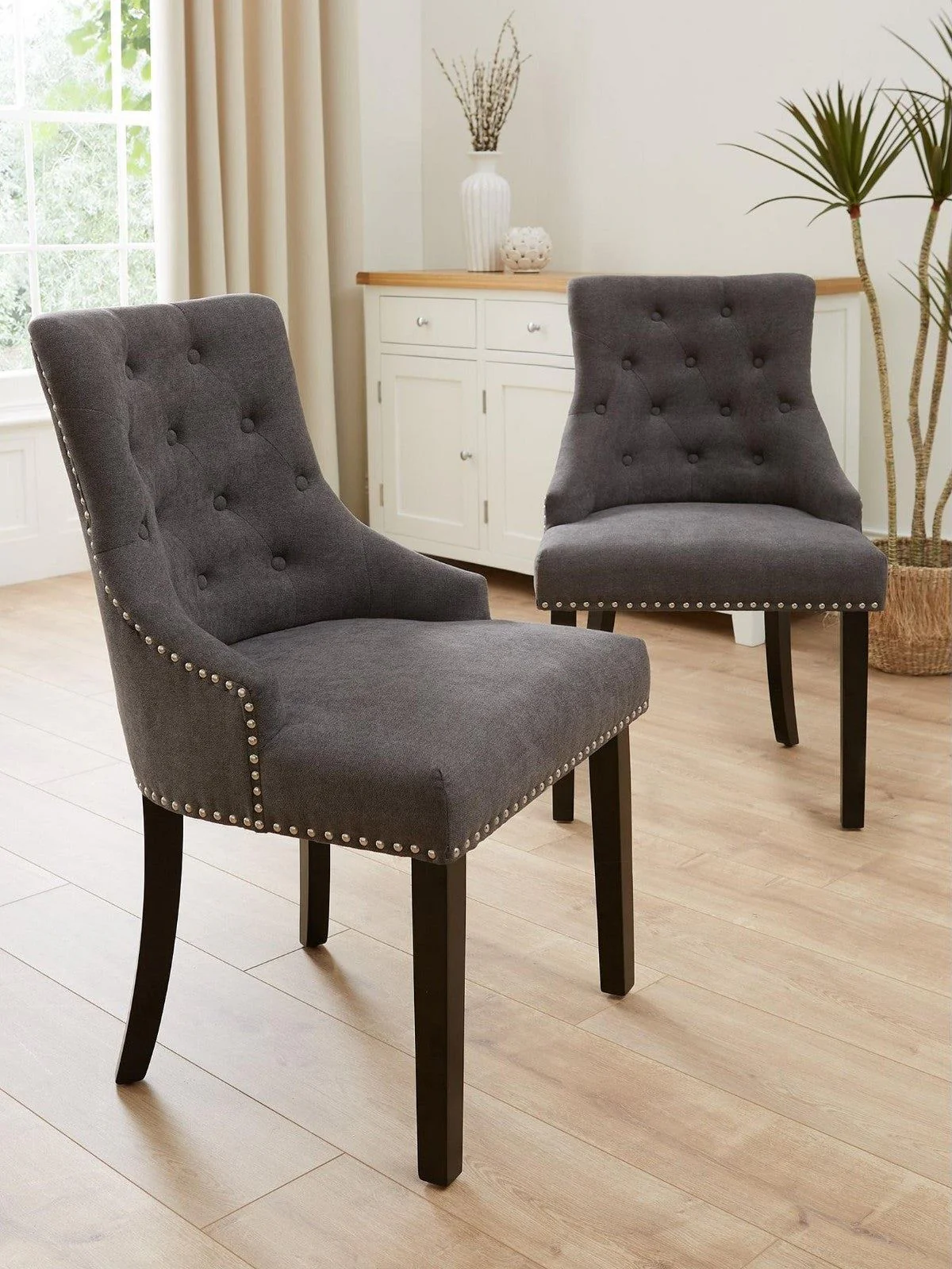 Pair of Warwick Fabric Dining Chairs Charcoal Black Button Back Carver Style