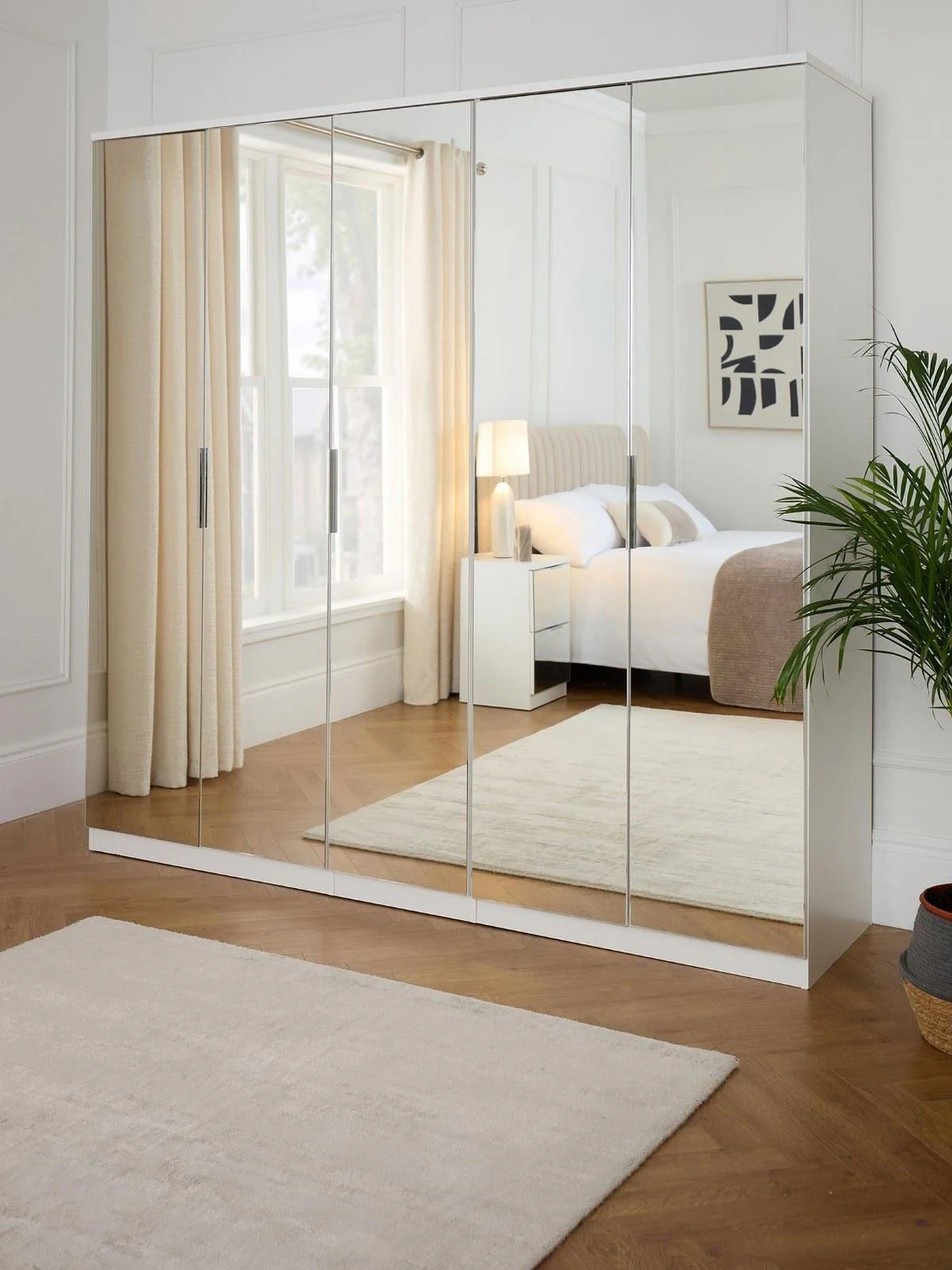 Palma 5 Door Wardrobe White | Mirrored Doors | 202cm Wide Storage