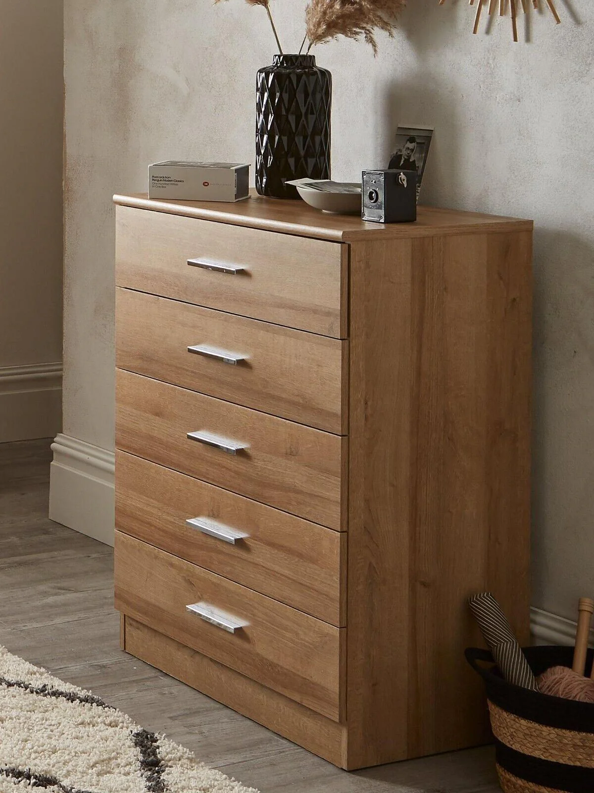 Panama 5 Drawer Chest Oak Storage Units Modern Bedroom Furniture