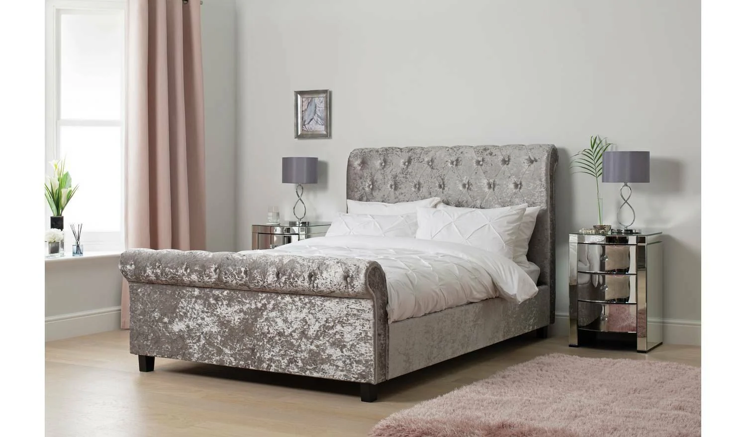 Penelope Crushed Velvet Kingsize Bed Silver Luxurious Bedroom Furniture - Image 2