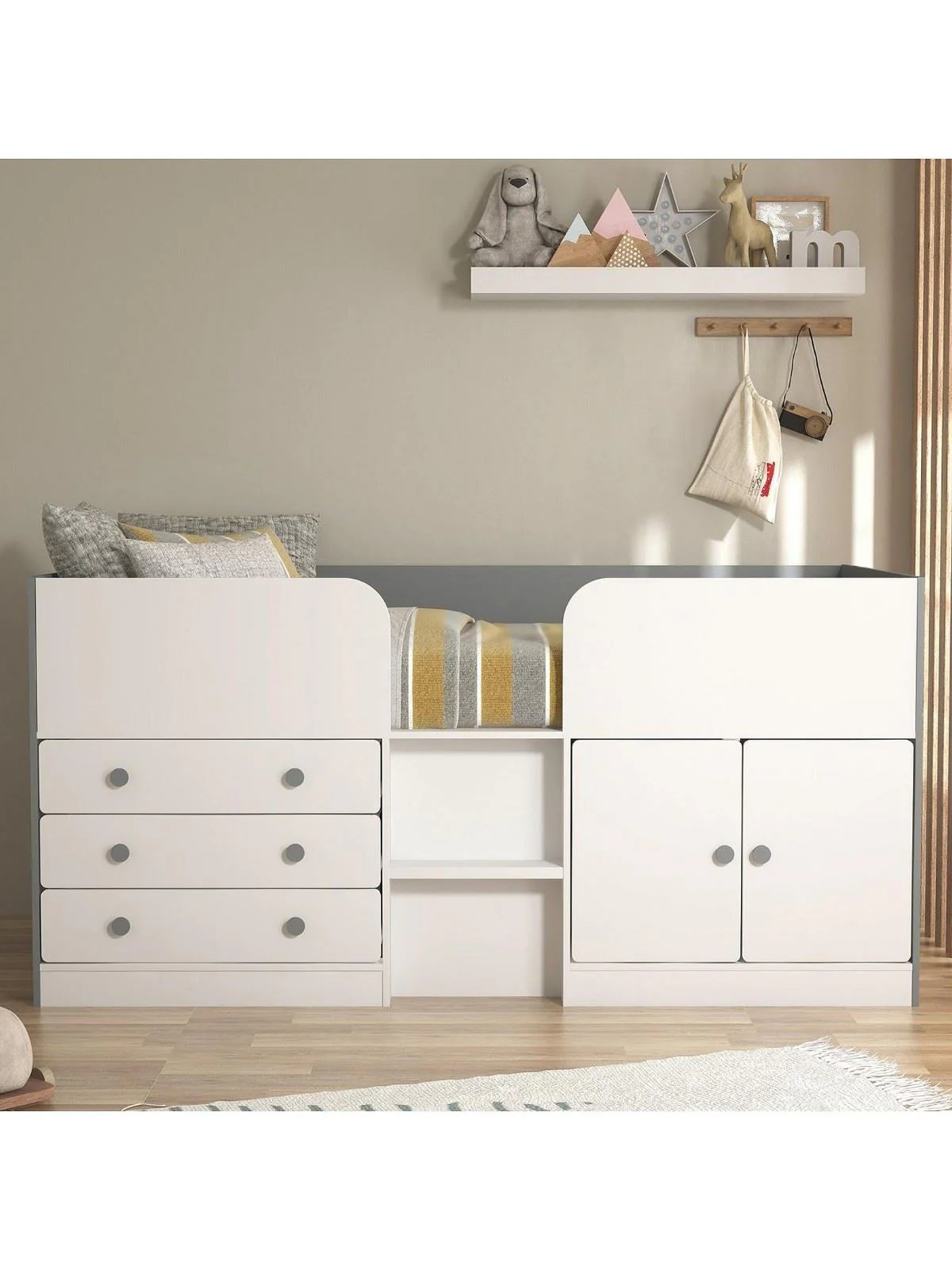 Peyton Mid Sleeper Bed White/Grey | Storage Drawers & Cupboard | No Mattress