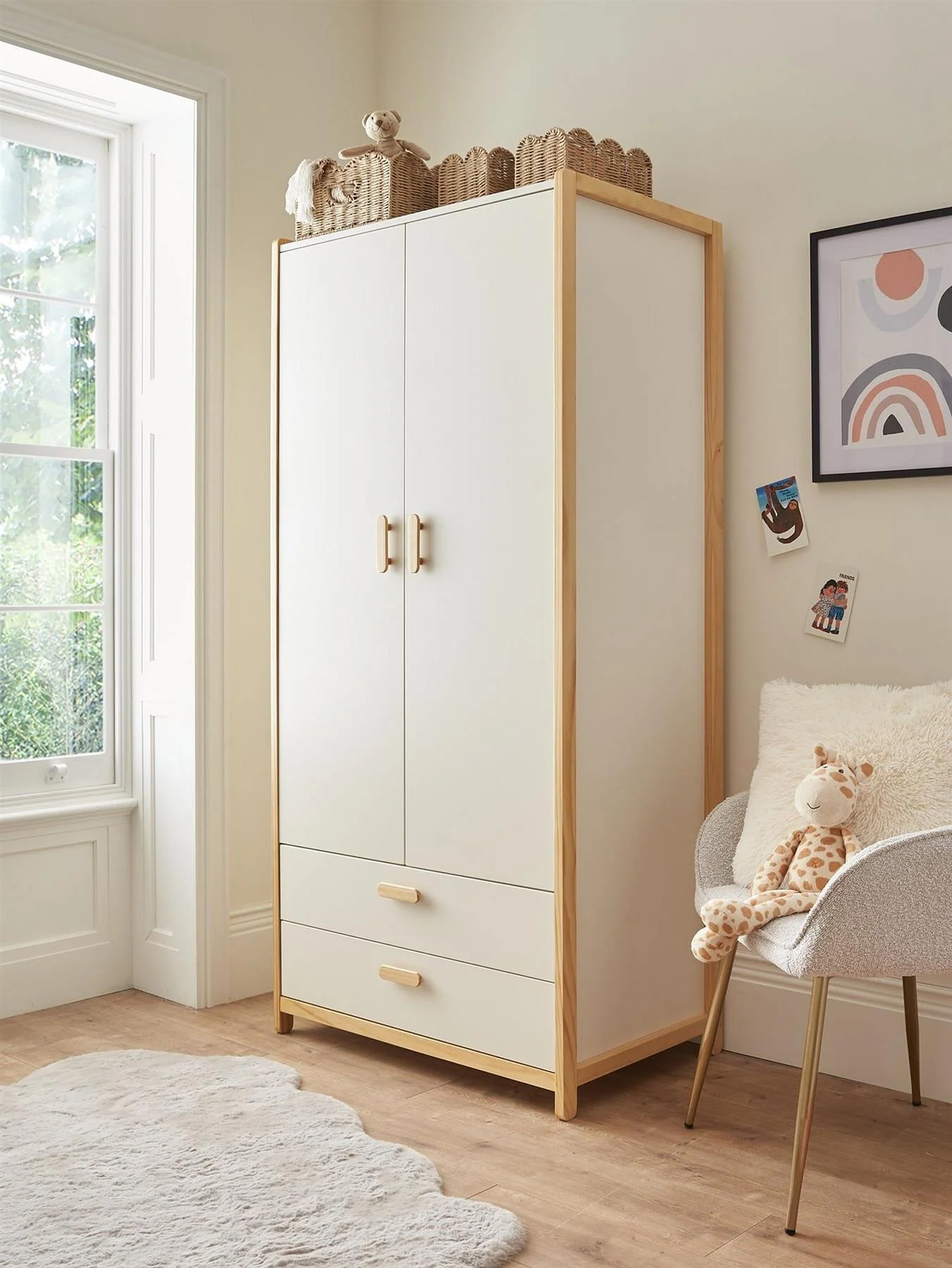 Pixie Solid Pine 2 Door Wardrobe White Storage Organiser Bedroom Furniture