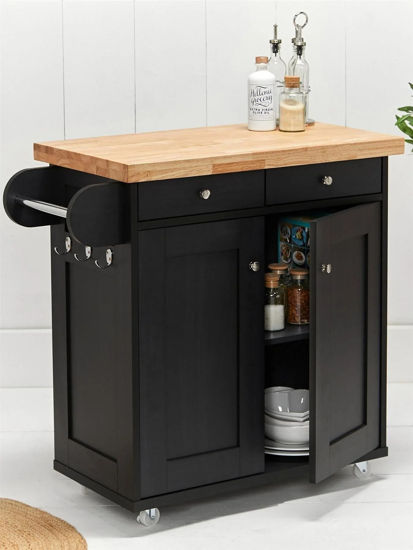 Portland 2 Door 2 Drawer Kitchen Cart Black Kitchen Island Storage Trolley