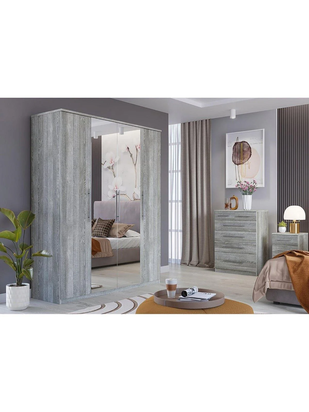Prague 3 Door Mirrored Wardrobe Grey Elegant and Spacious Bedroom Storage - Image 5