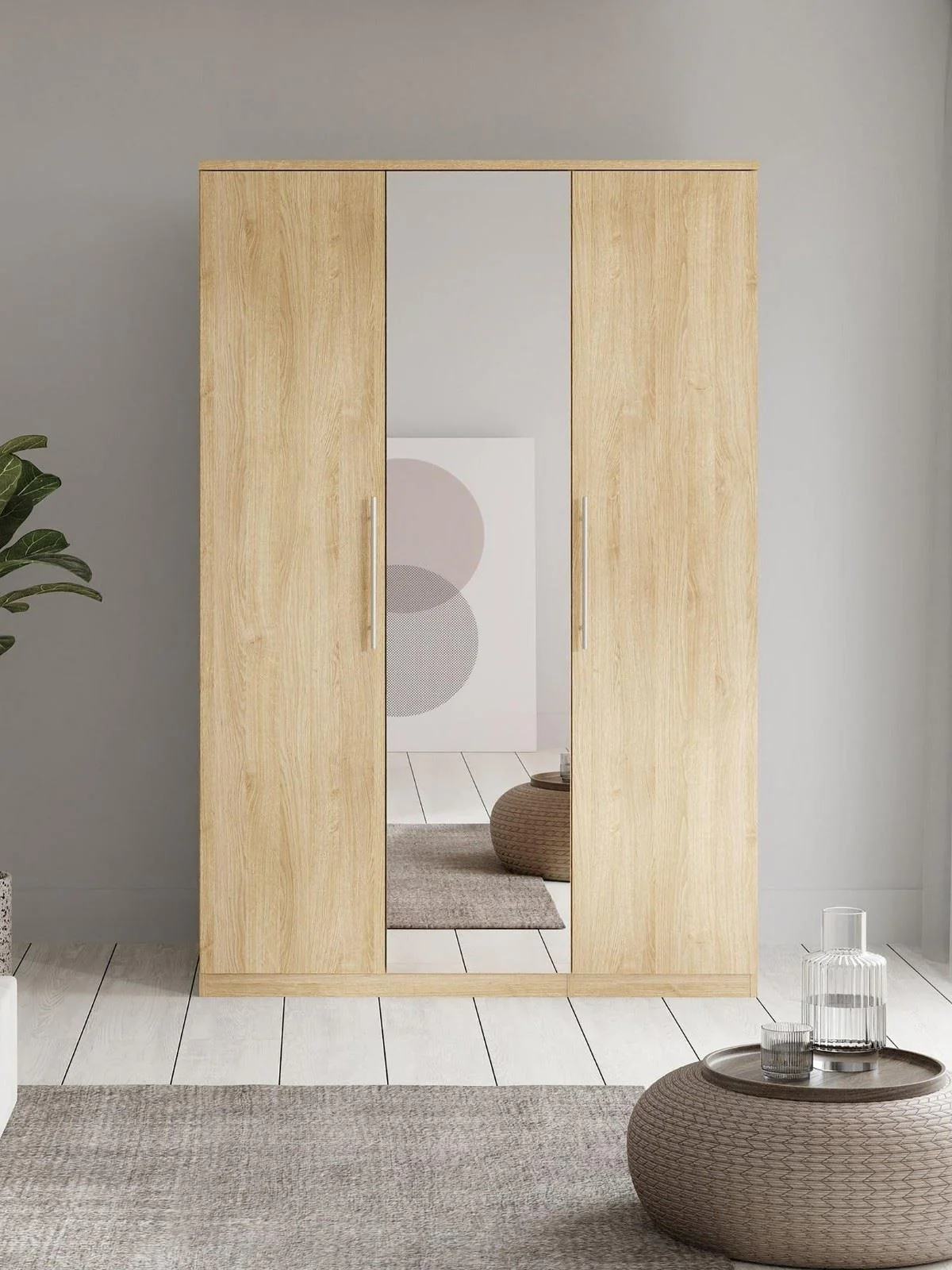 Prague 3 Door Mirrored Wardrobe New Oak Bedroom Storage Furniture UK