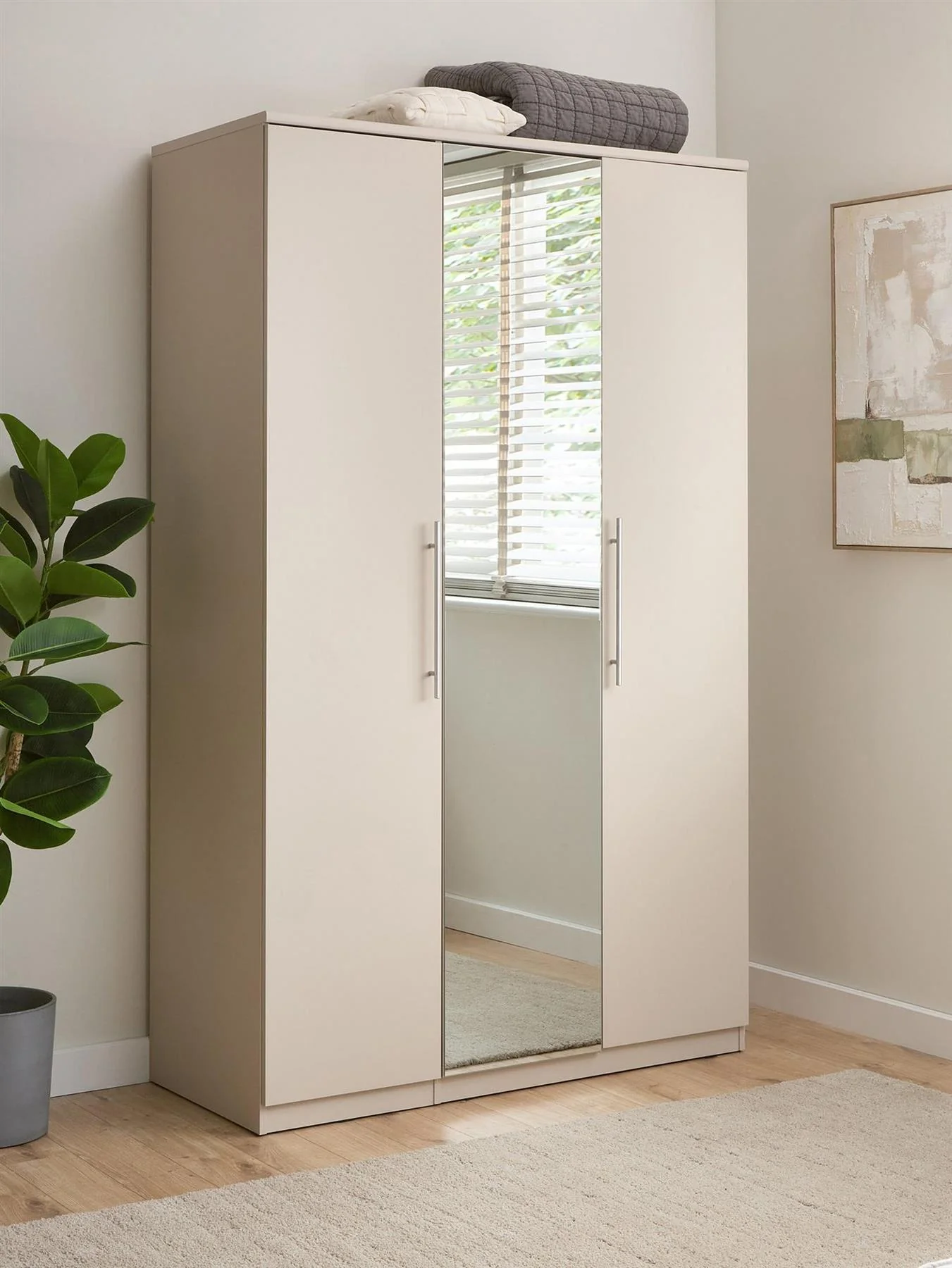 Prague 3 Door Mirrored Wardrobe Oatmeal Storage Organiser Bedroom Furniture
