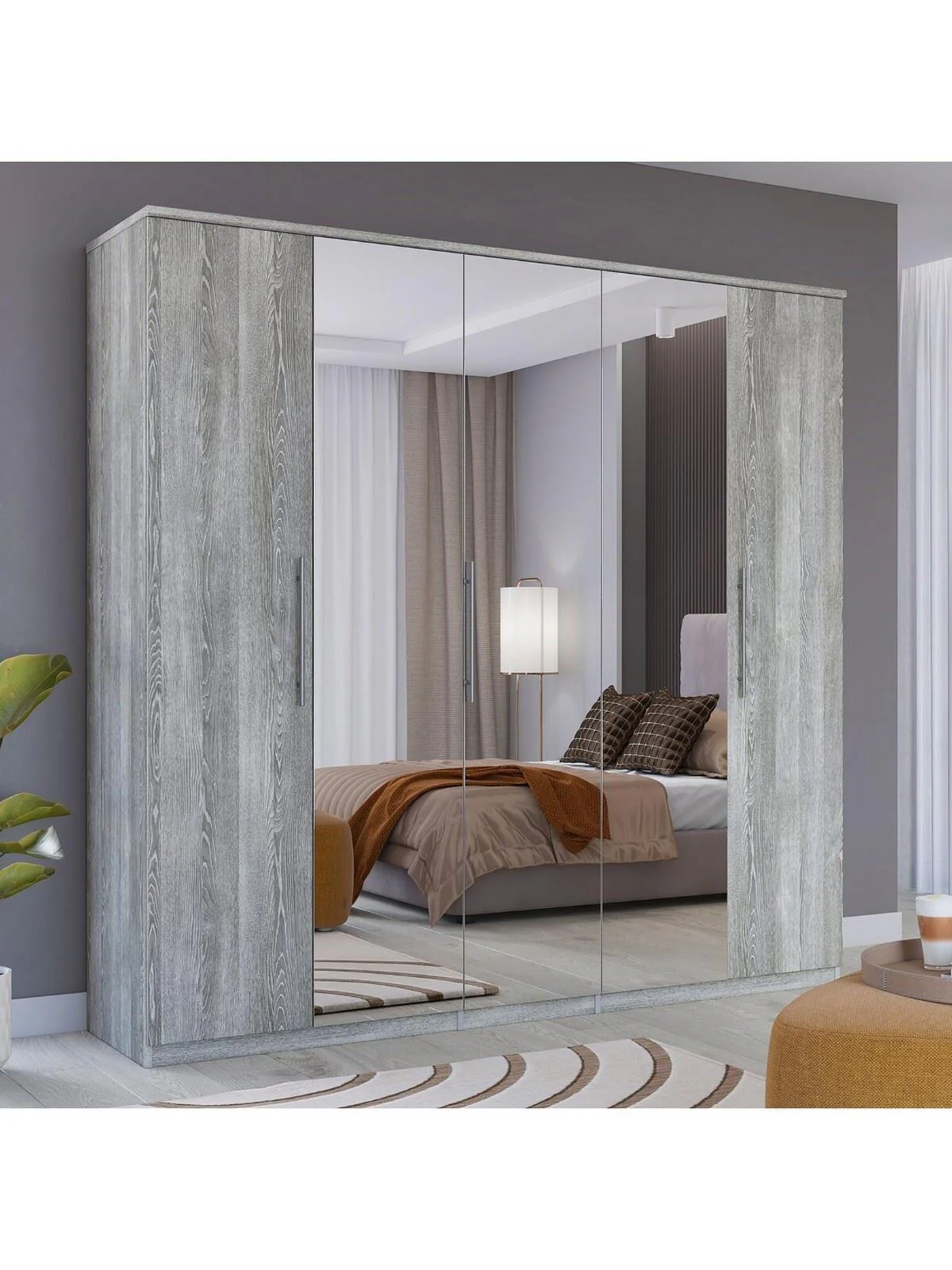 Prague 5 Door Mirrored Wardrobe Grey Elegant and Spacious Bedroom Storage - Image 4