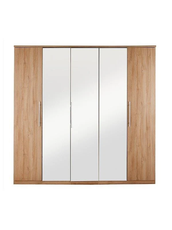 Prague 5 Door Wardrobe New Oak | 3 Mirrored Doors | Adjustable Shelves - Image 2