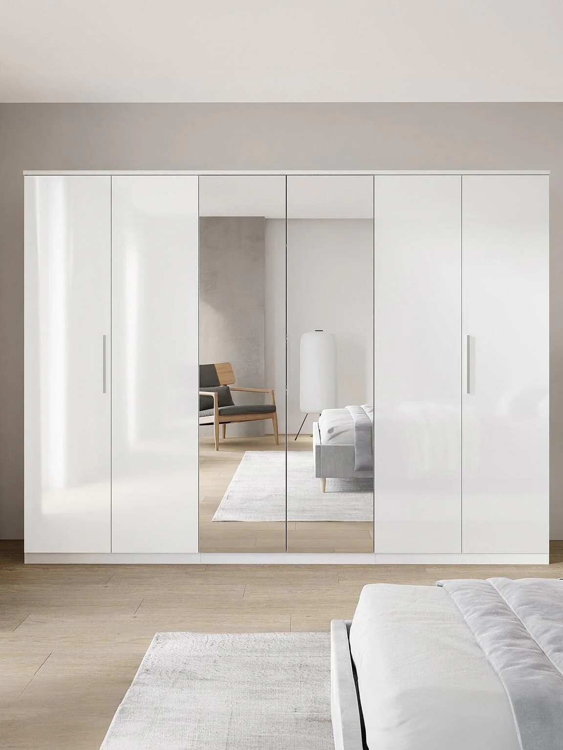 Prague High Gloss White 6 Door Mirrored Wardrobe with Hanging Rail & Shelves