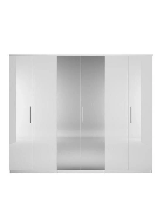 Prague High Gloss White 6 Door Mirrored Wardrobe with Hanging Rail & Shelves - Image 2