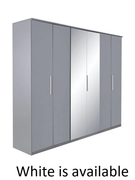 Prague High Gloss White 6 Door Mirrored Wardrobe with Hanging Rail & Shelves - Image 5