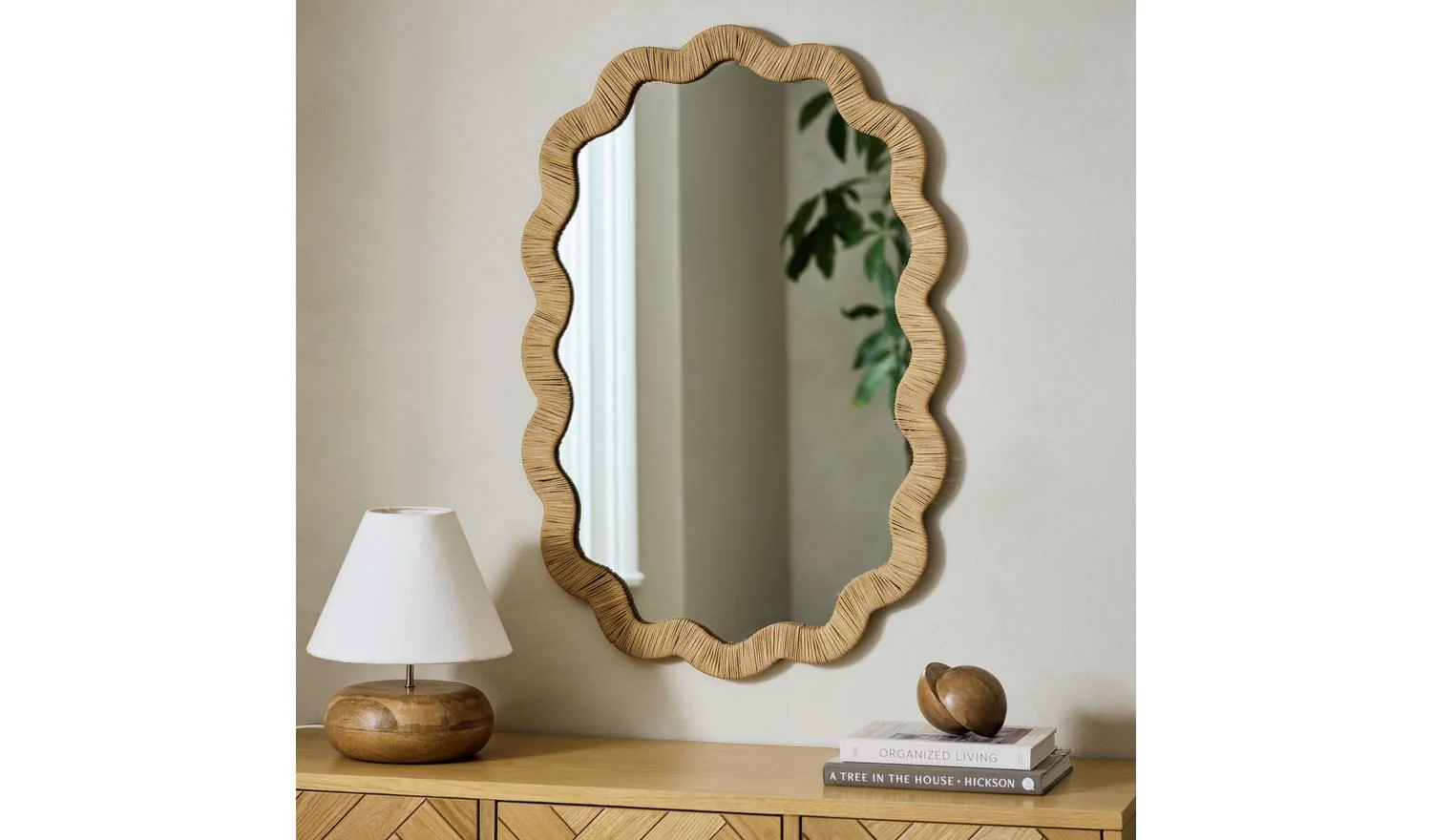 Rattan Wavy Wall Mirror 90x60cm Bohemian Hallway Decor