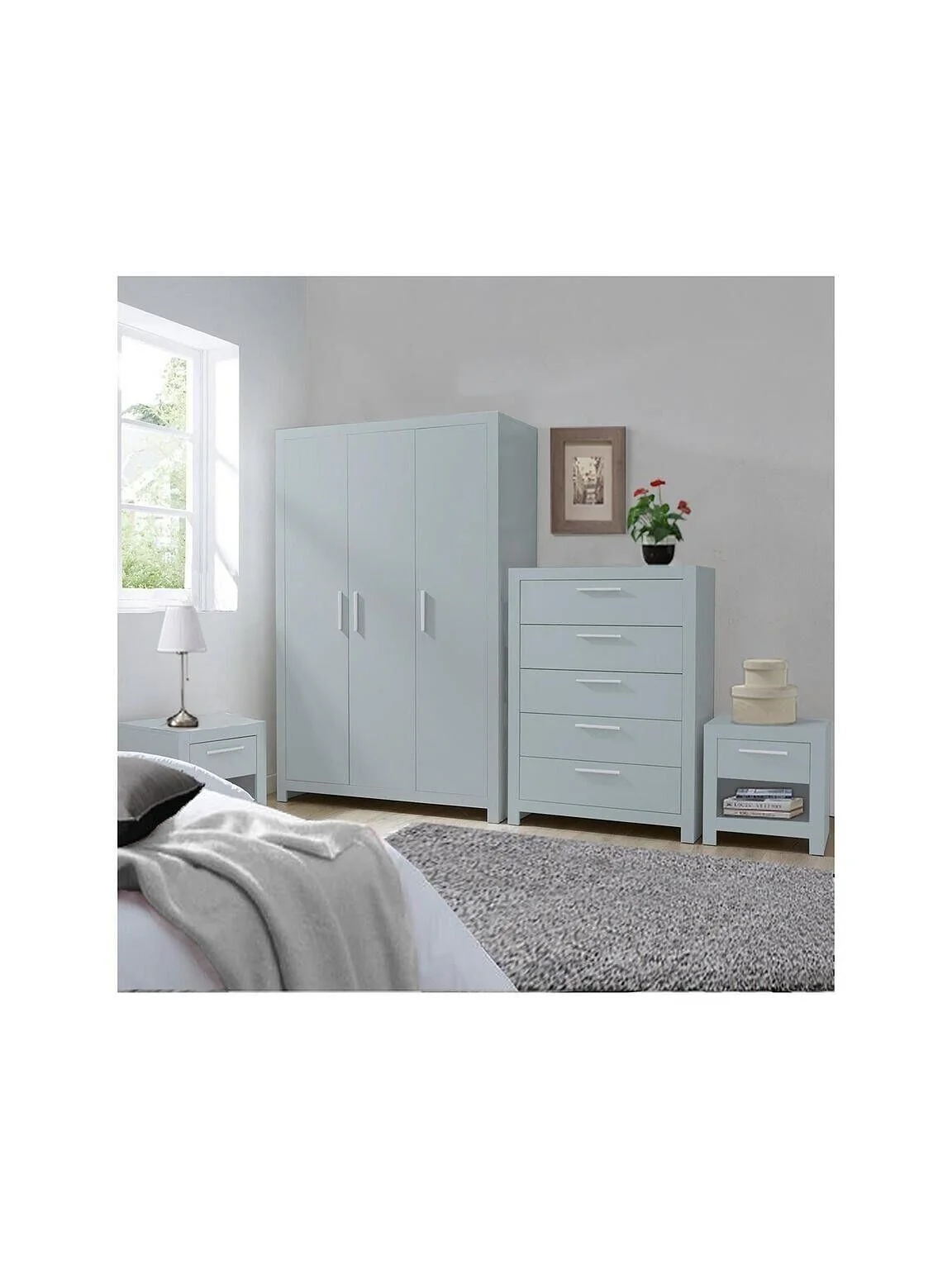Rio 4 Piece Package - 3 Door Wardrobe, 5 Drawer Chest and 2 Bedside Chests Grey