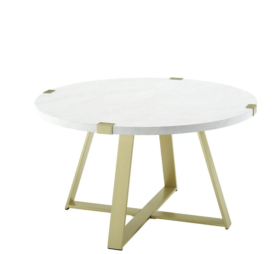 Round Coffee Table - White Faux Marble/Gold Elegant Living Room Furniture