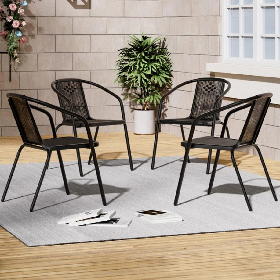 Set 4 Black Wicker Stackable Outdoor Garden Patio Chairs