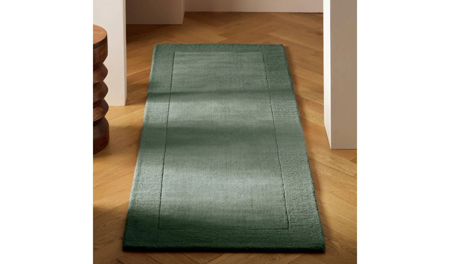 Simple Border Green Wool Cut Pile Runner 66x200cm Hallway Carpet