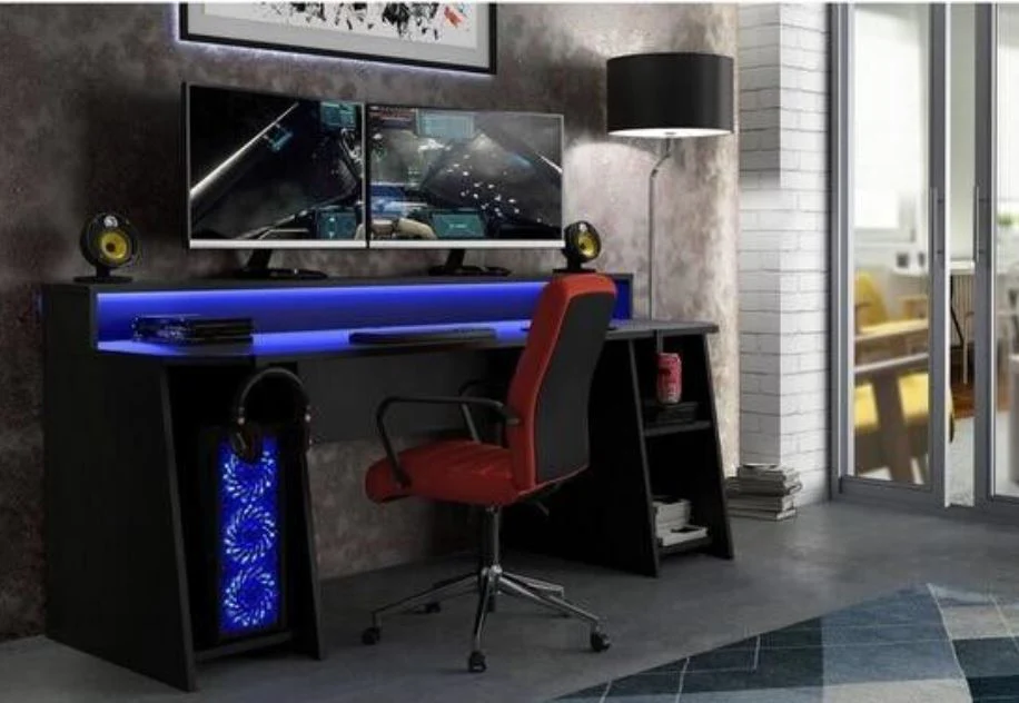 Tezaur Gaming Desk LED Lights Black Stylish Workspace Solution PC Shelf Monitor