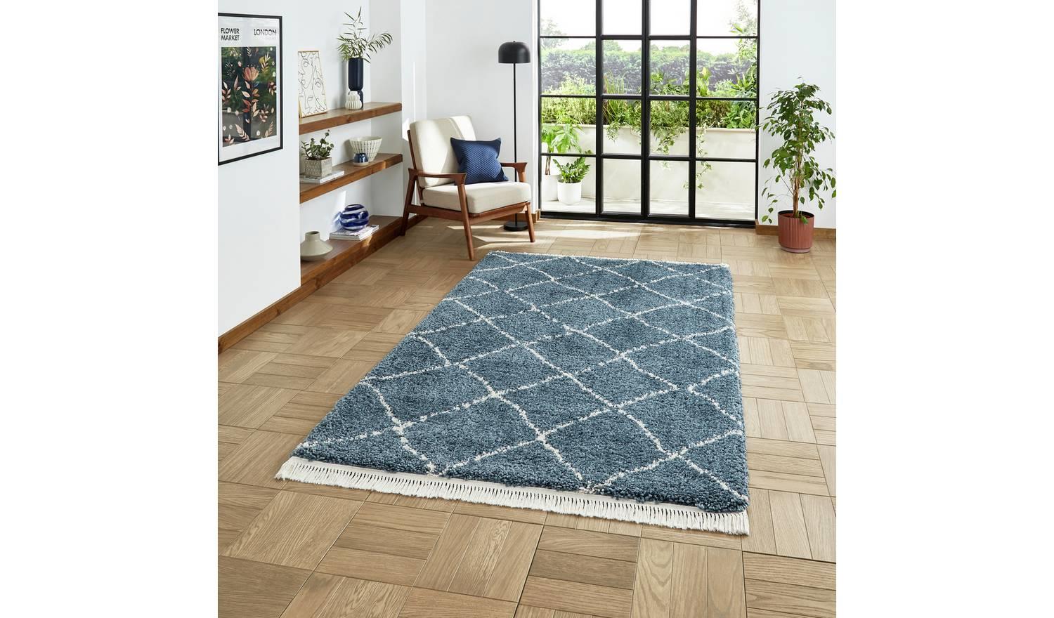 Think Rugs Boho Blue Shaggy Rug 120x170cm Soft Living Room Bedroom Floor