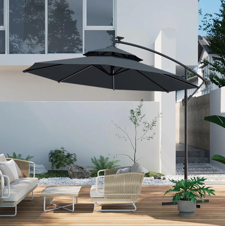 Top Lighted Cantilever Parasol Umbrella Dark Grey With Base UK - Image 2