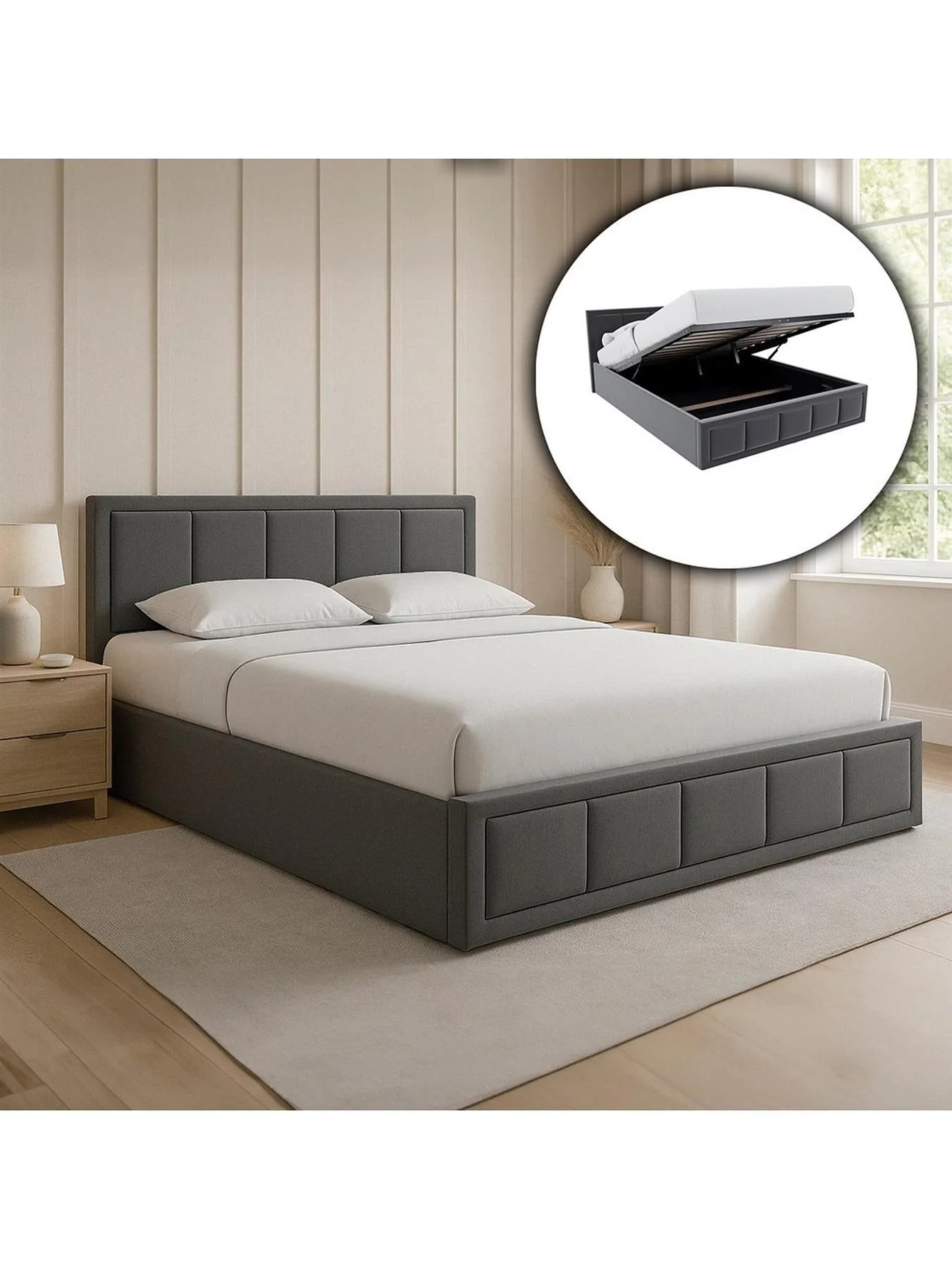 Vanita Double End Lift Ottoman Bed Frame Dark Grey Underbed Storage