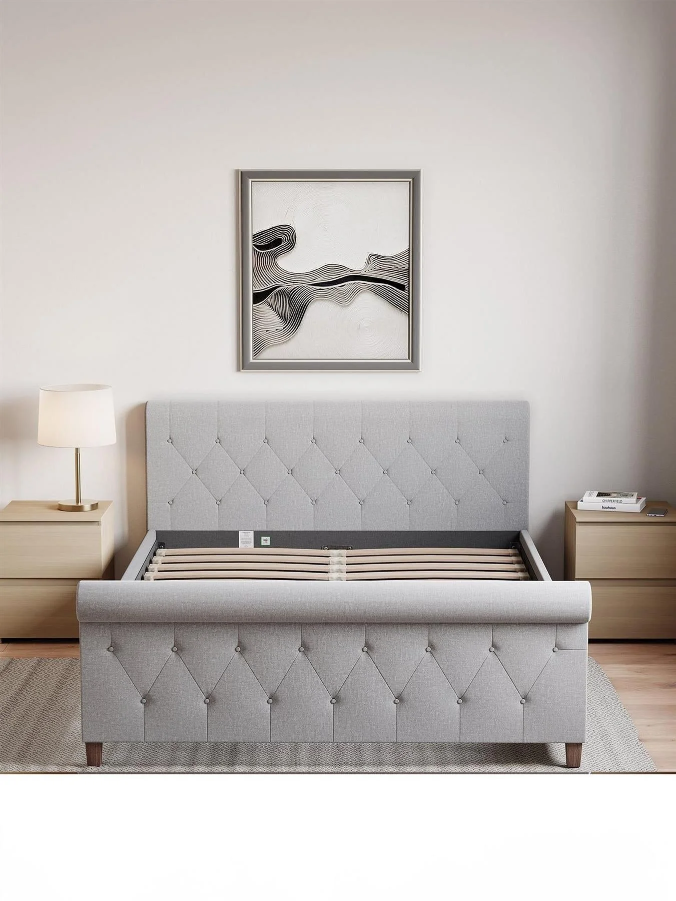 Vittorio Linen King Bed Light Grey Upholstered Fabric Frame Modern - Image 4