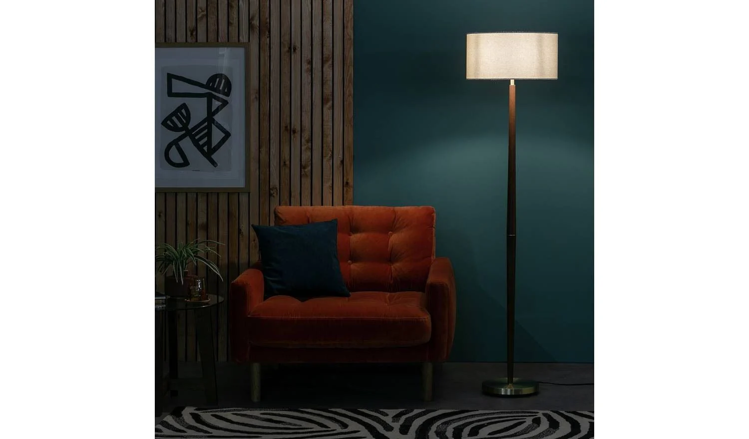 Wood and Brass Stick Floor Lamp Walnut Natural Modern Reading Light - Image 2